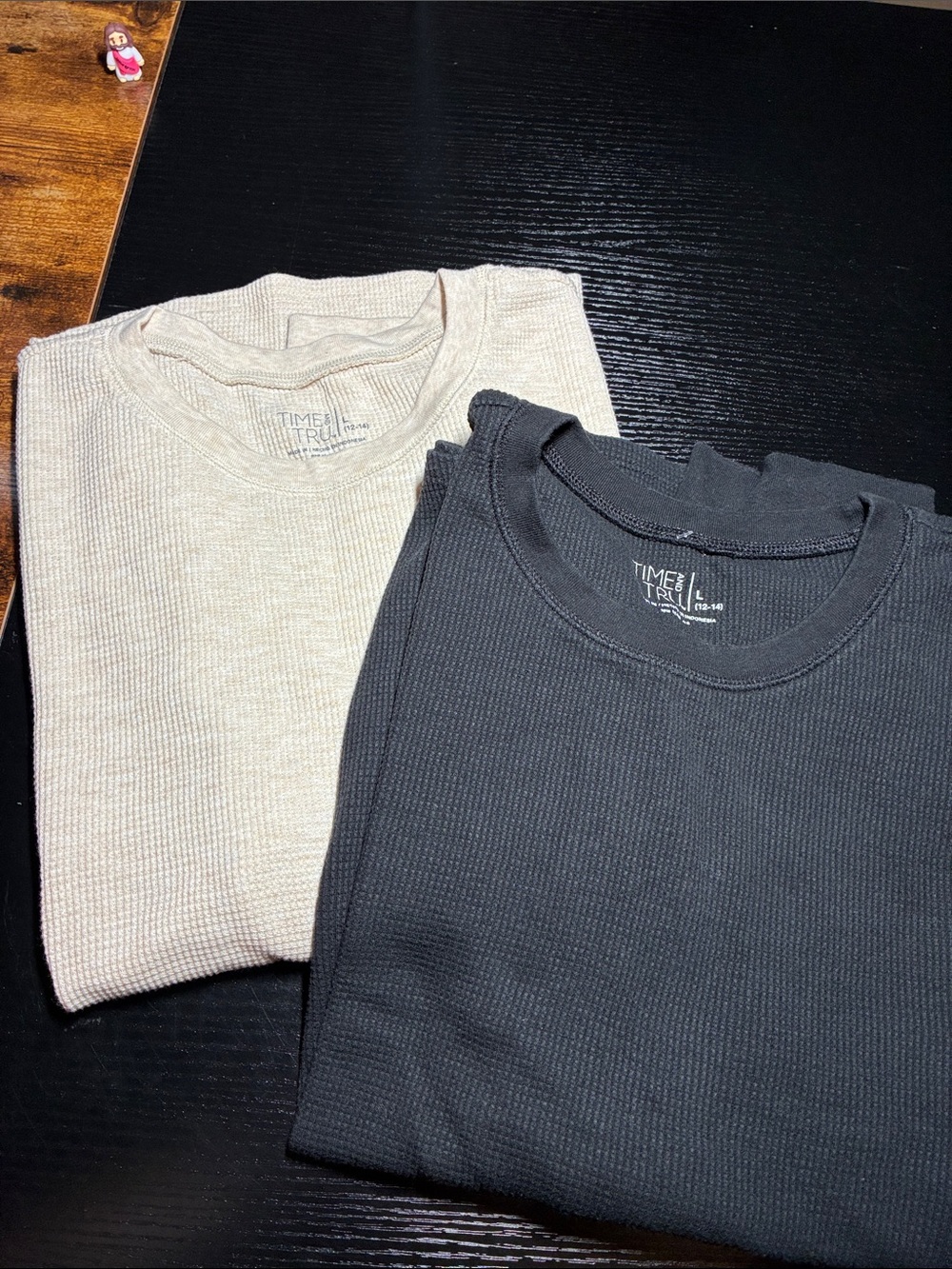 Time and Tru Women's Long Sleeve Waffle Crew in Black and Cream
